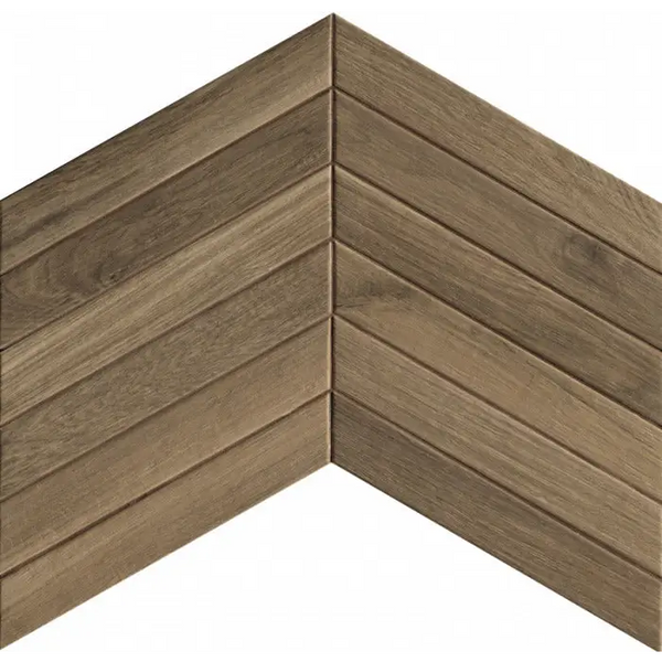 Fapnest Brown Chevron 7,5x45 met een houten V-vormige plankenpatroon