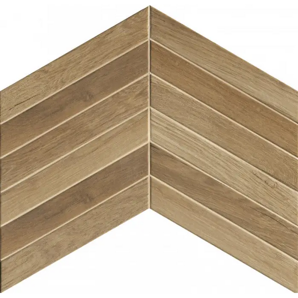 Lichtbruine planken in een V-vormige houten chevron, Fapnest Oak Chevron 7,5x45