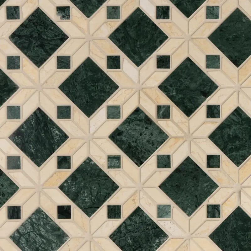 Donkere groene marble fera 30x30 vloertegels met beige accenten en geometrisch patroon, ideaal voor wandtegels