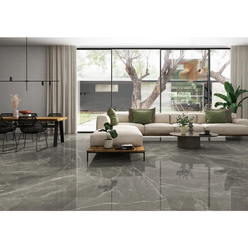 Moderne open-plan woon-eetkamer met Fior di Bosco Marengo gepolijst 60x120 rett tegels