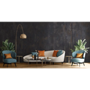 Curved white sofa with teal chairs and orange pillows on Flatiron Black 120x270 rett