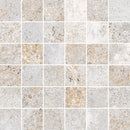 Square mosaic tiles in muted beige, gray, and white tones for Flatiron White Mozaiek