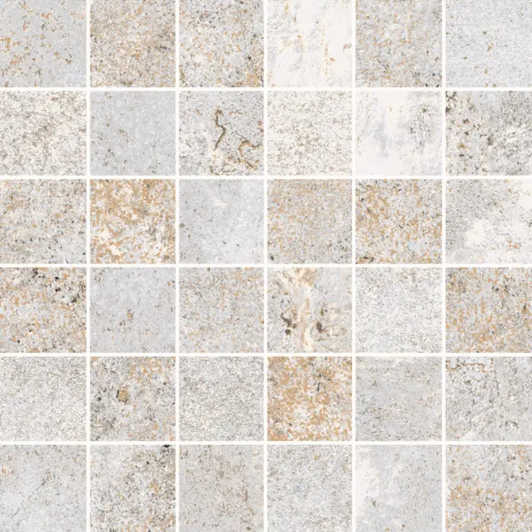 Square mosaic tiles in muted beige, gray, and white tones for Flatiron White Mozaiek