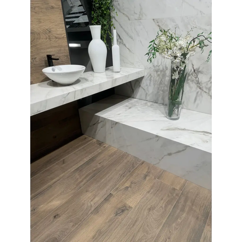 Moderne badkamermeubel met witte marmeren blad en witte keramische waskom, Fontana Mat 60x120 rett