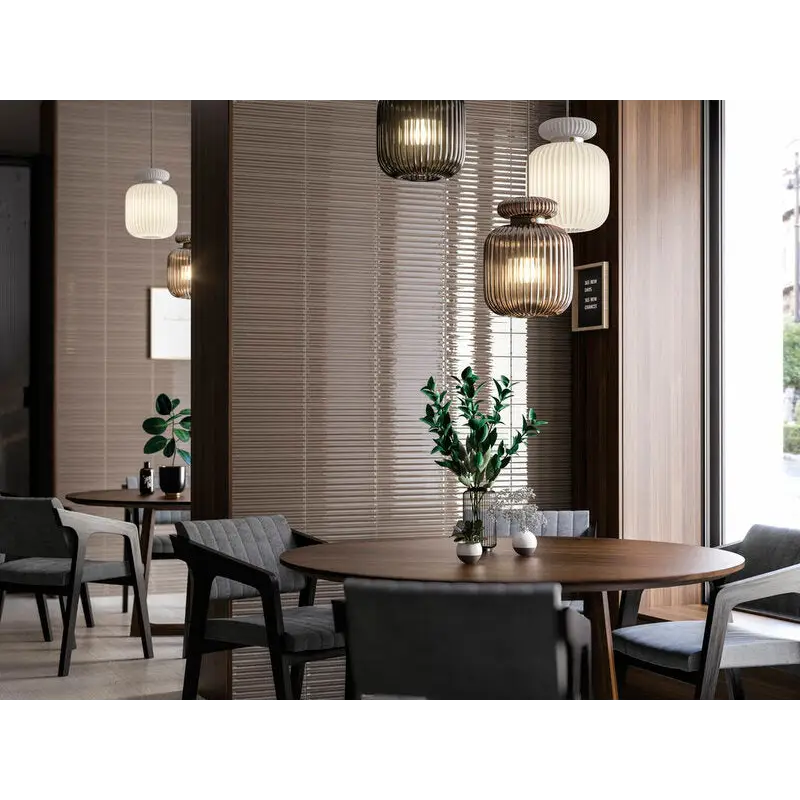 Moderne eetruimte met Gare Taupe Glans keramische wandtegel en subtiele glanzende afwerking