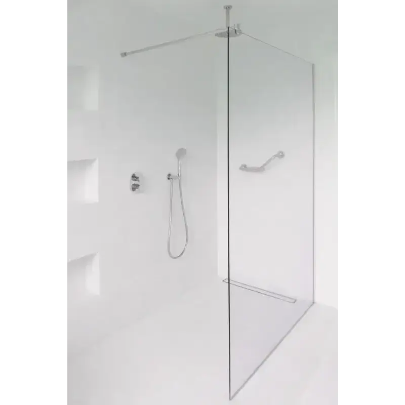 Moderne walk-in douche met glas, soft grain wandtegels en gm03 off white uitstraling