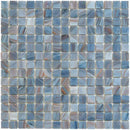 Square glasmozaïek tegels met blauwe, witte en oranje tinten in gmg251 cyan gouden ader stijl