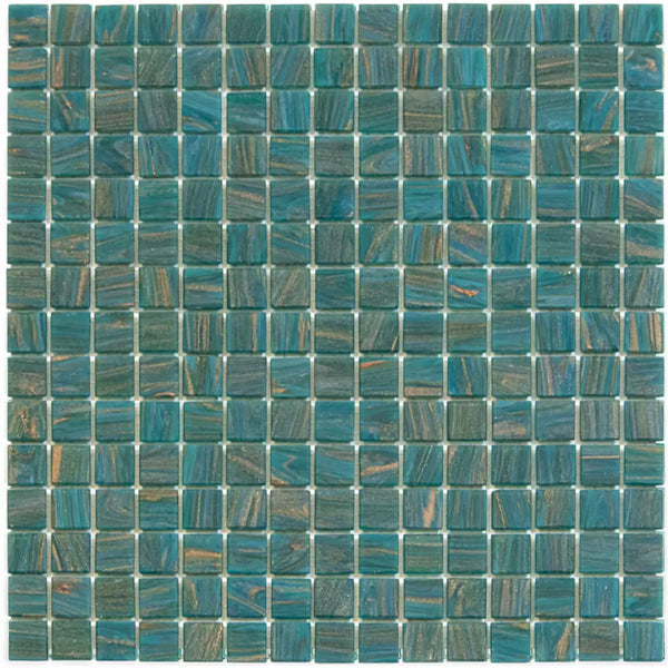 Turquoise glass mosaic tiles in a square grid, GMG767 Turquoise Golden Vein design