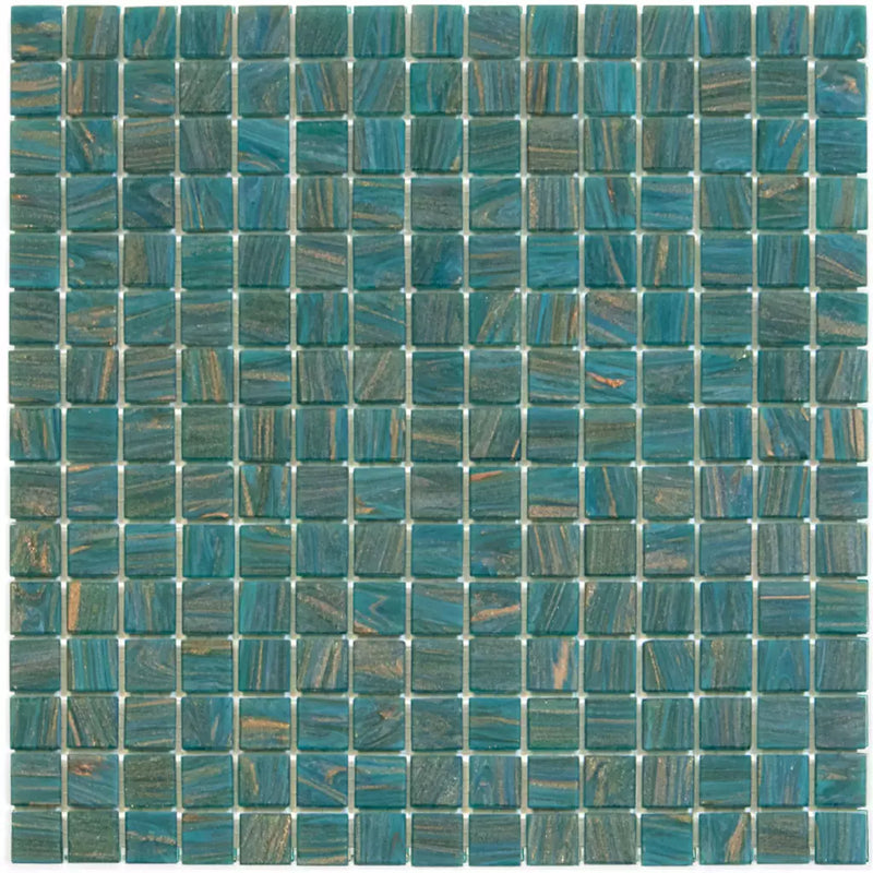 Turquoise glass mosaic tiles in a square grid, GMG767 Turquoise Golden Vein design