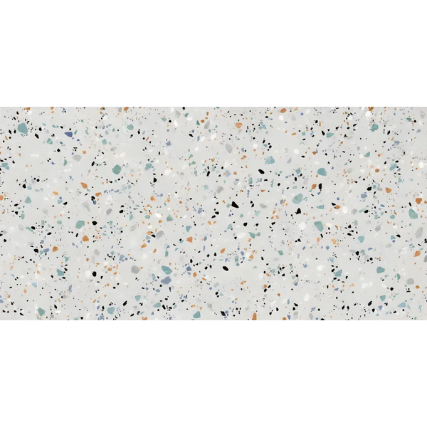 Speckled Gobi Bianco 60x120 rett pattern with colorful stone fragments in light gray cement