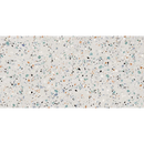 Lichte grijze gobi bianco 60x120 rett terrazzo met spikkels in teal, zwart, wit, oranje en gedempte blauw