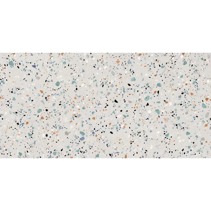 Lichte grijze gobi bianco 60x120 rett terrazzo met spikkels in teal, zwart, wit, oranje en gedempte blauw