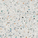 Terrazzo patroon met zwart, oranje, teal en grijs in Gobi Bianco 60x60 rett