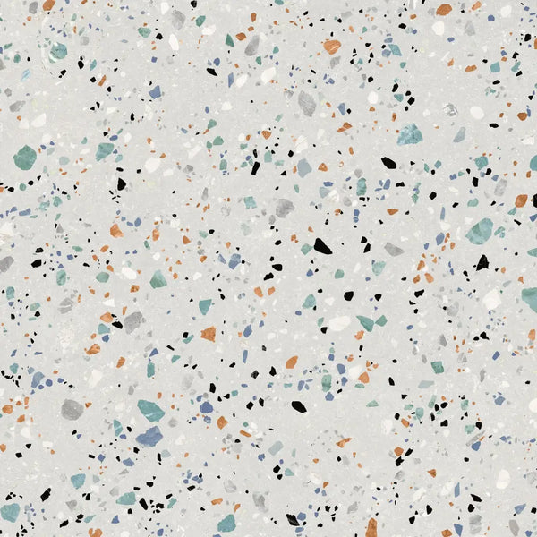 Terrazzo patroon met zwart, oranje, teal en grijs in Gobi Bianco 60x60 rett