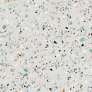 Terrazzo patroon in zwart, oranje, groen en blauw op Gobi Bianco mat 60x60 tegels