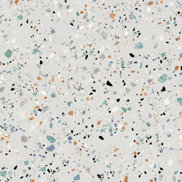 Terrazzo patroon in zwart, oranje, groen en blauw op Gobi Bianco mat 60x60 tegels
