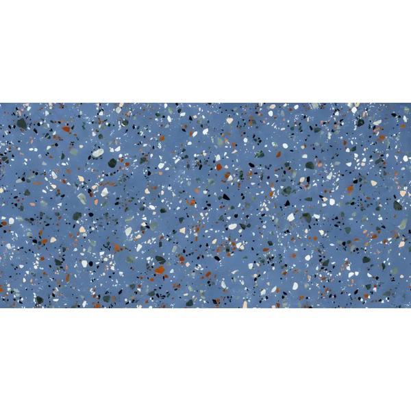 Scattered confetti in white, orange, and black on Gobi Blu 60x120 rett