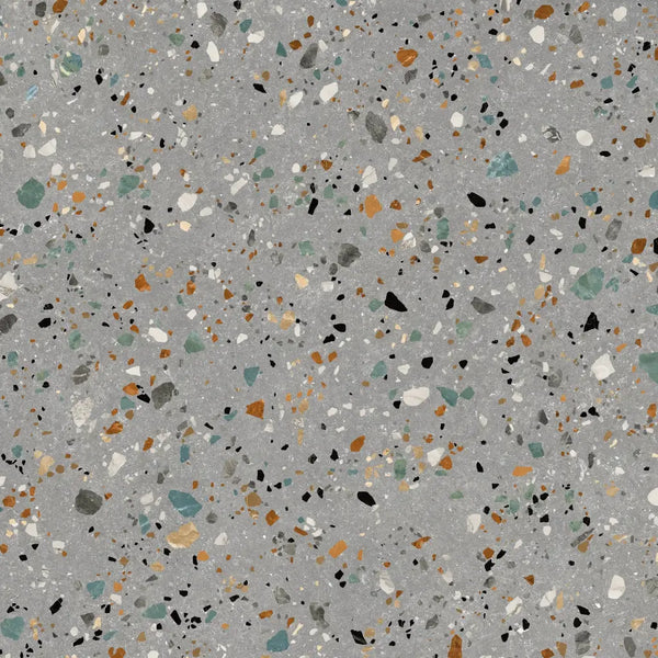 Kleurrijk terrazzo-patroon met stenen in Gobi Grigio 60x60 rett grijs beton