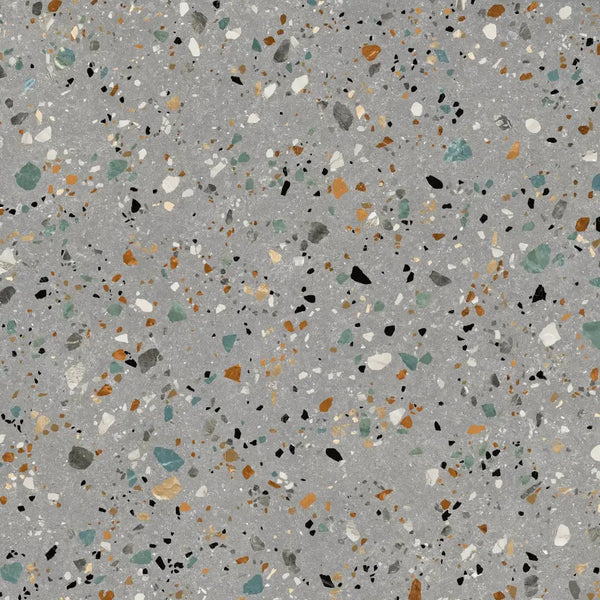 Terrazzo patroon met kleurrijke fragmenten in Gobi grigio mat 60x60 rett