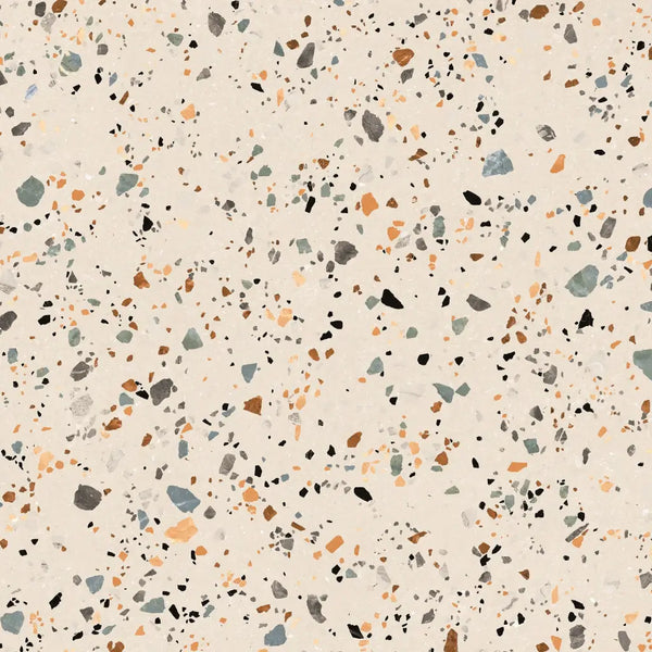 Terrazzo patroon in beige, oranje, blauw en zwart op Gobi Nude 60x60 rett tegel