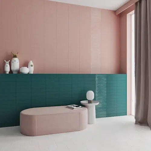 Curved pink upholstered bench next to Grace Teal Gloss tile for a chic vibe