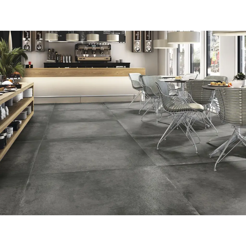 Donkergrijze betonnen porseleinen vloertegels Grafton Anthracite 120x120 met textuur