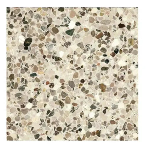 Terrazzo vloerpatroon met gekleurde stenen in een lichte basis van Granito Bologna 40x40