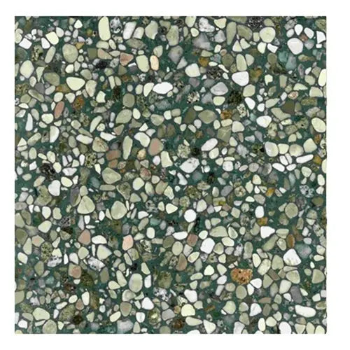 Terrazzo vloerpatroon met witte en beige stenen in groene matrix van Granito Firenze 40x40