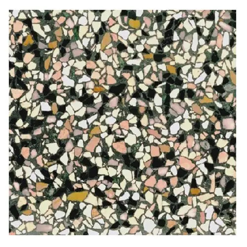 Terrazzo vloerpatroon met roze, witte en gele fragmenten in Granito Livorno 40x40