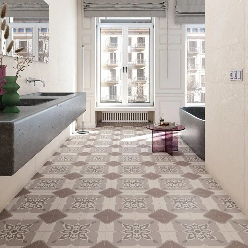 Ornate gray and white tile floor with abstract bloemenpatroon voor prachtige sfeer