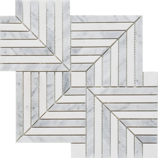 Harlow Carrara marble mozaïek tegel met pinwheel patroon, wit en grijs carrara marble