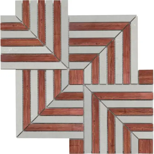 Geometrische mozaïektegels in lichtgrijs en roestbruin houtlook voor Harlow Travertin Terracotta