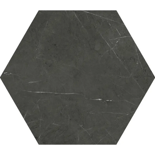 Hexagon Marquina Mat 15x17 met donkergrijs marmer en subtiele witte adering