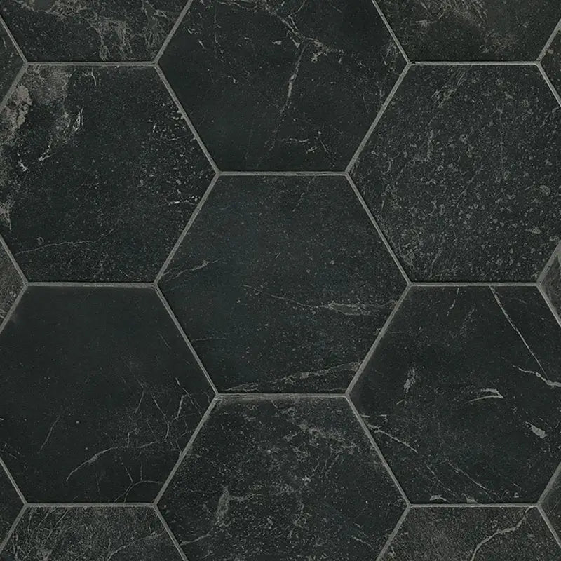 Zwarte hexagon roma grafite tegels met marmerachtige textuur 21,6x25