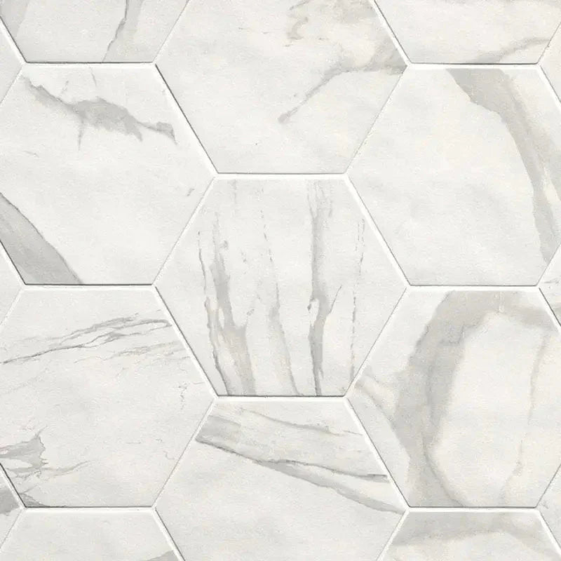 Hexagon Roma Statuario mat met wit marmerpatroon en grijze aderen