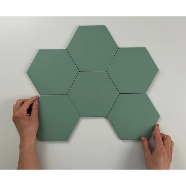 Sage green hexagonal tiles in a flower pattern on Hexagon Timeless Jade mat 15x17