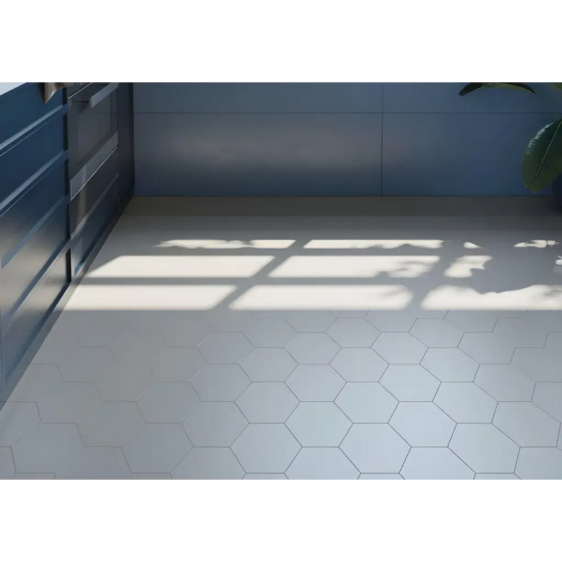 Hexagon Timeless White mat 15x17 featuring chic white floor tiles with geometric patterns