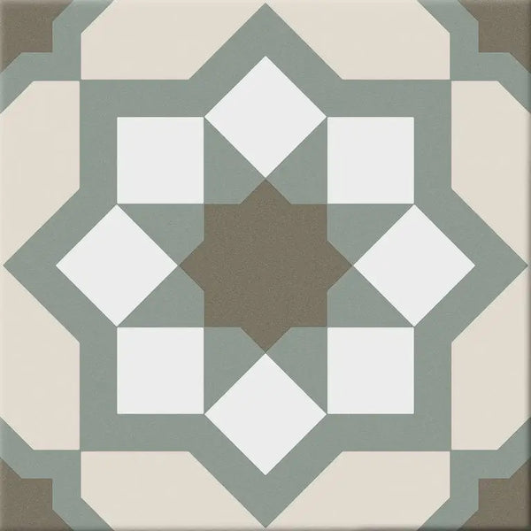 Geometric tile pattern with star shape in Hidra Capri Warm 20x20 in sage green