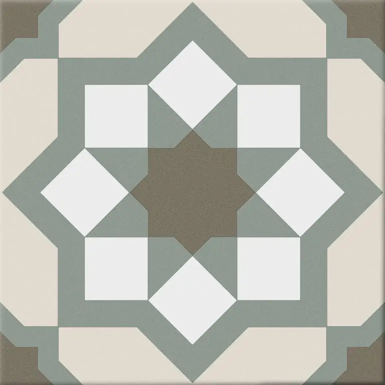 Geometric tile pattern of Hidra Capri Warm 20x20 with a star shape in sage green