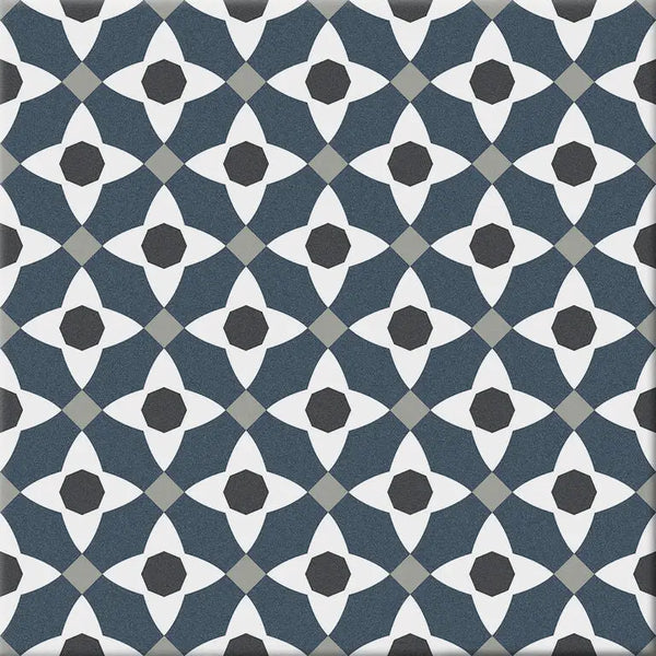 Herhalend geometrisch patroon van navy blauw, wit en grijs in Hidra Manila Cold 20x20