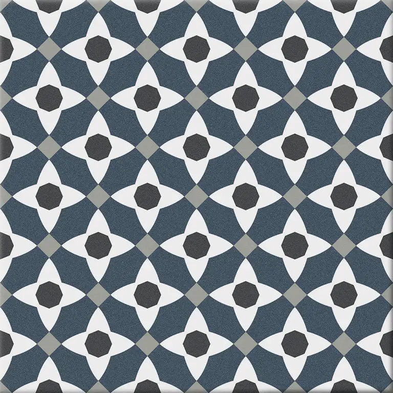 Herhalend geometrisch patroon van navy blauw, wit en grijs in Hidra Manila Cold 20x20