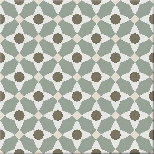 Geometric patroon met herhalende salie groene en bruine quatrefoils van Hidra Manila Warm