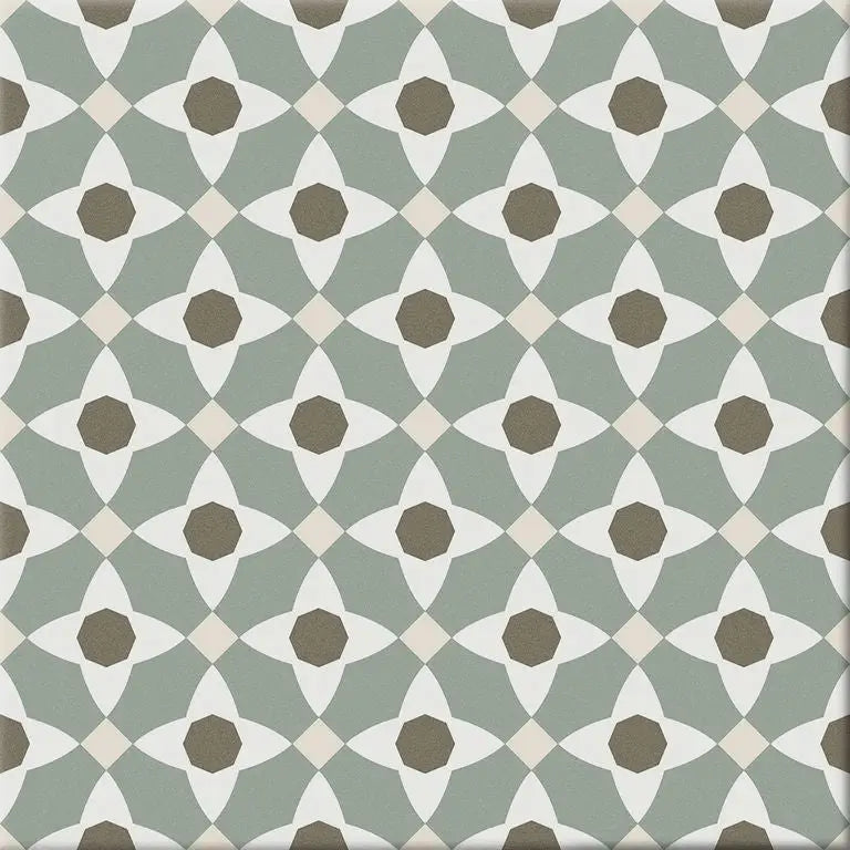 Geometric sage green en bruine quatrefoils in Hidra Manila Warm 20x20 design