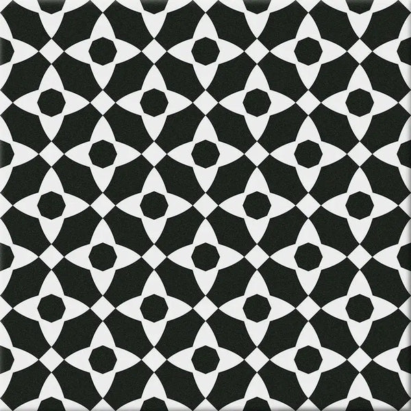 Zwart-wit geometrisch patroon met stervormige en cirkels in Hidra Manila White 20x20