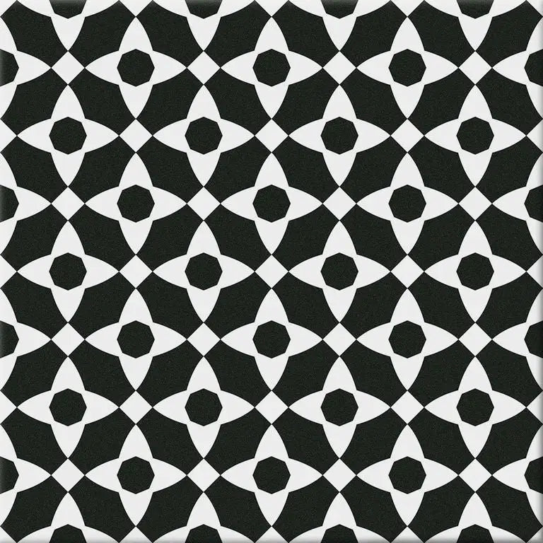 Zwart-wit geometrisch patroon met stervormen en cirkels op Hidra Manila Wit 20x20