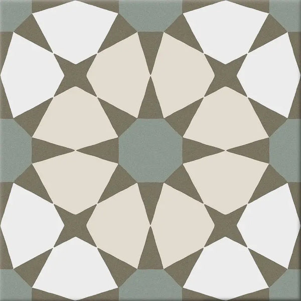 Geometrisch tegelpatroon met witte, beige en saliegroene vormen in Hidra Prisma Warm 20x20