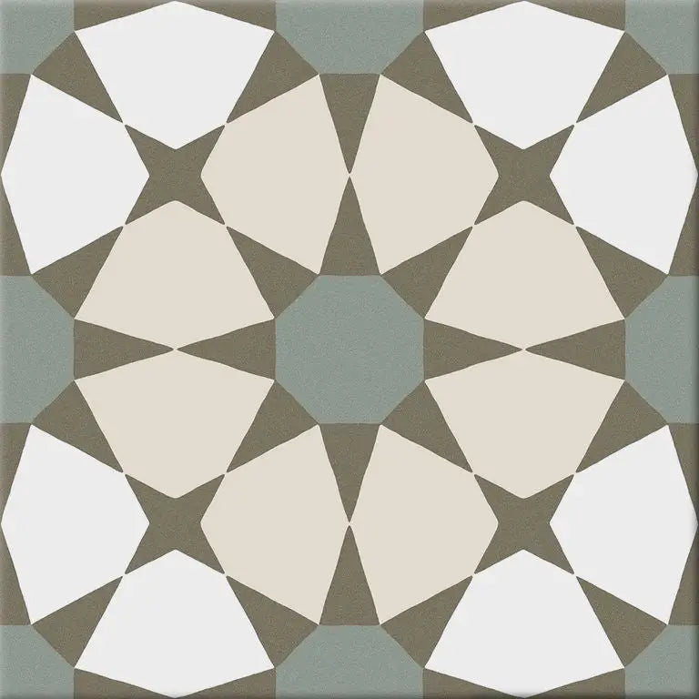 Geometrisch tegelpatroon met witte, beige en saliegroene vormen in Hidra Prisma Warm 20x20