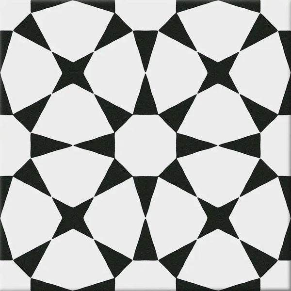 Zwart-wit geometrisch tegelpatroon met herhalende sterren en octagons van Hidra Prisma White