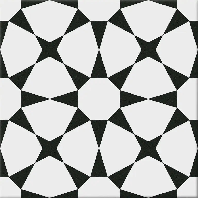 Zwart-witte geometrische tegelpatroon met sterren en octagons van Hidra Prisma White 20x20