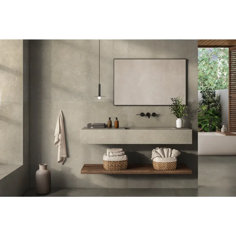Moderne zwevende Hollstone Butter 60x60 badmeubel met rechthoekige spiegel en wandkraan